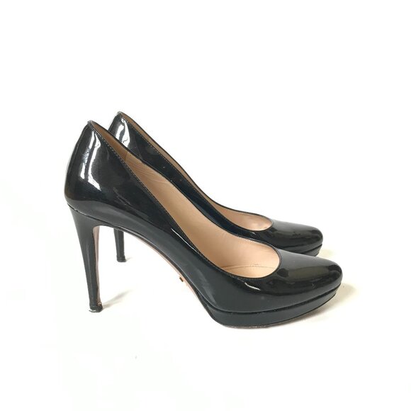 Prada Patent Leather Pumps Heels Womens 36 6 Black Platform Toe 90mm Slip On - Picture 1 of 9